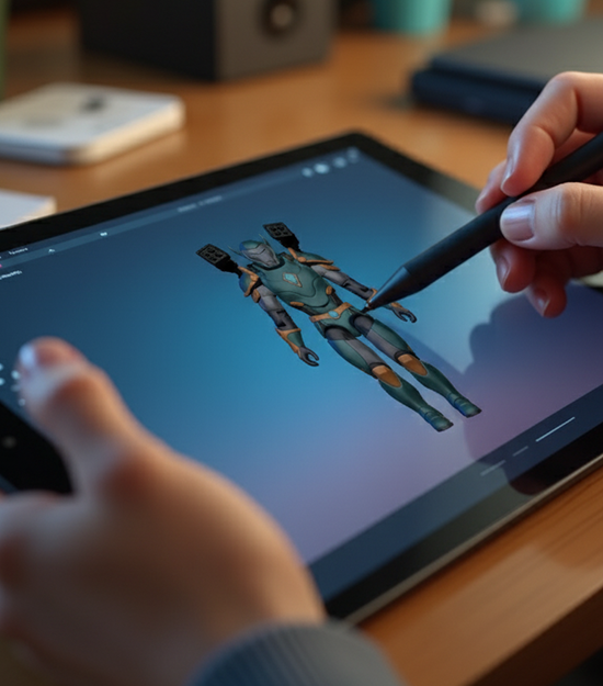 A 3D sculpting in progress on a digital tablet, representing the creative process at EBerryStudio.